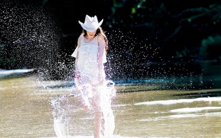 Walk In The Creek.. - women, fun, female, creek, hats, fashion, models, brunettes, western, girls, cowgirl, style, river, outdoors, ranch