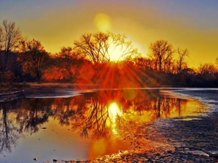 Autumn Sunset - lake, forest, reflection, trees, sunset, nature, autumn