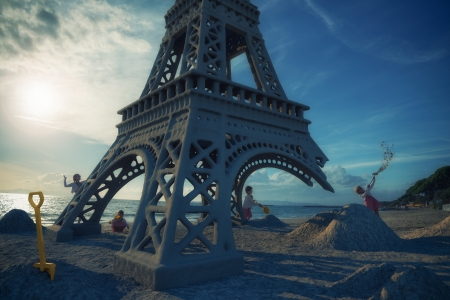 Just a little sand sculpture - summer, beach, john wilhelm, children, creative, copil, eiffel tower, fantasy, funny, just a little sand sculpture, cute