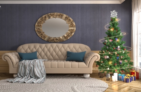 Christmas - christmas, craciun, sofa, green, pillow, room, tree