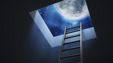 Moon - moon, stairs, white, roof, blue, luminos, sky, luna