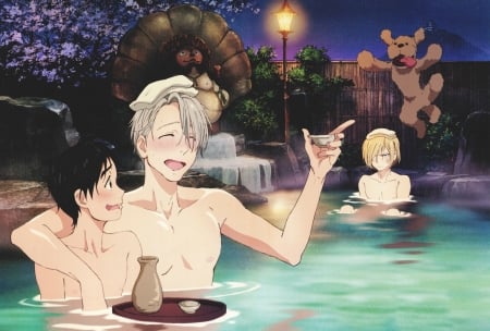 Yuri!!! on ice - male, yuri on ice, yurio, guys, dudes, yuri katsuki, dog, bath, anime, hot springs, victor