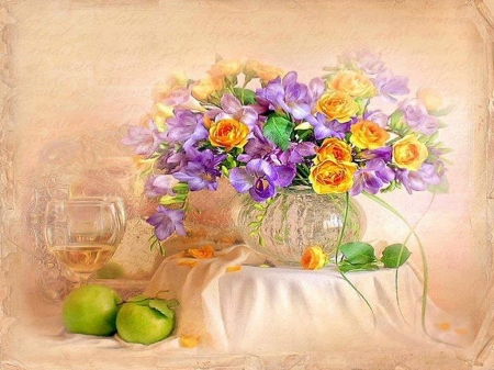 Floral delite - flowers, fruit, still life, painting