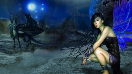 Winged girl and dragon - pretty, blue, beautiful, girl, angel, fantasy, dragon, digital, woman, art