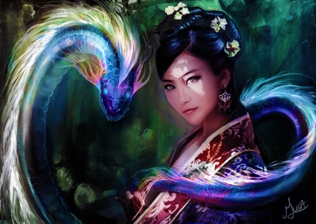 Dragon Princess - pretty, blue, image, beautiful, girl, fantasy, dragon, digital, woman, art, asian, wallpaper