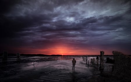 Lonely at sunset - cloud, nature, sunset, sea