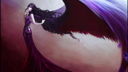 #Nothing - anime, anime girl, Wings, dress, cool, long hair, dark, girls, black, manga, purple, other, realist anime