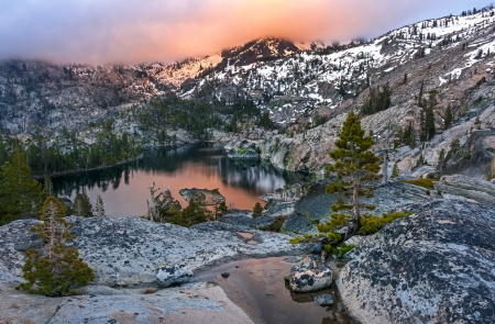 View of mountain lake - lake, sky, mountain, trees, rocks, serenity, view, reflection, clouds, tranquil, beautiful, cliffs