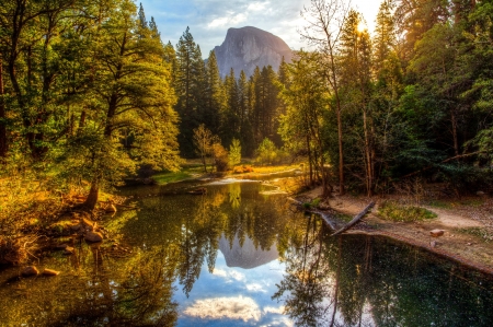 Autumn in mountain forest - lake, autumn, mountain, trees, peak, serenity, view, fall, forest, beautiful, pond