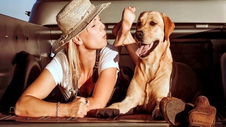 Cowgirl & Her Dog.. - style, girls, western, women, models, hats, ranch, outdoors, cowgirl, fun, truck, female, boots, blondes, dog, fashion