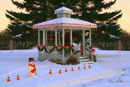 Christmas Wishes - snowman, xmas and new year, attractions in dreams, winter, snowmen, gazebo, cardinals love four seasons, christmas, holidays, snow, sunsets