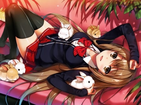 Rabbits ...... - nice, female, hot, anime girl, bunny, brown hair, laying, rabbit, pretty, anime, cute, sexy, adorable, girl, long hair, lay, lovely, hd, kawaii, sweet