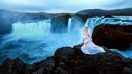 Waterfalls - women, nature, girl, falls, stones