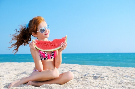 Little girl - beach, watermelon, girl, summer, child, copil, blue, red, sea, sand, little