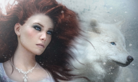 Beauty - white, wolf, rendering, redhead, girl, luminos, winter, fantasy