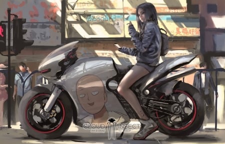 Saitama - art, girl, saitama, wlop, motorcycle, onepunch man, fantasy