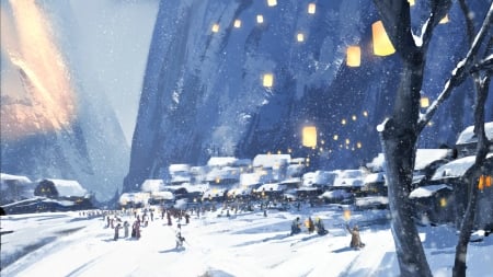 Winter - wlop, winter, village, blue, art, white, lantern, fantasy, luminos, snow