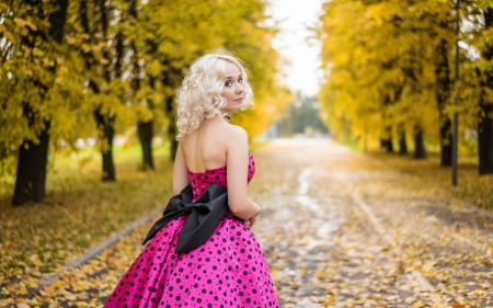 beauty - woman, autumn, girl, bow, yellow, pink, black, blonde