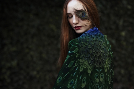 beauty - peacock, woman, girl, green, feather, model