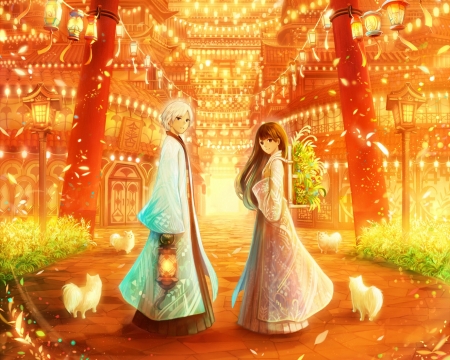 Romance - princess, autumn, couple, girl, bou nin, sog, lantern, man, orange, green, anime, cute, manga