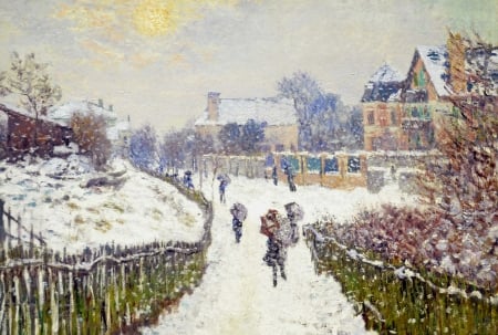 Boulevard Saint-Denis ~ Argenteuil - winter, boulevard saint denis, claude monet, art, pictura, people, argenteuil, painting, snow