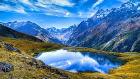 Tha majesty of nature - hills, majesty, blue, beautiful, snow, tranquil, landscape, slope, reflection, mountain, cliffs, serenity, lake, sky, rocks