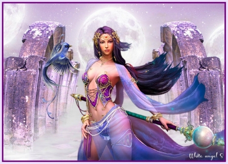 fantasy - bird, fantasy, lady, purple