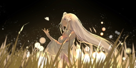 With a Smile - pretty, anime, re zero, magic, female, grass, night, light, magical, long hair, sparks, nice, anime girl, blossompetls, beautiful, girl, beauty, lovely, sweet, flower, emilia, white, butterfly