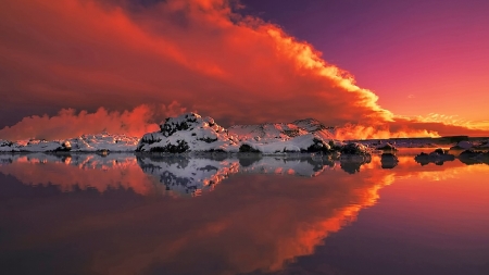 Winter Reflection - clouds, winter, water, snow, reflection, ice, sunset, nature, red, mountains