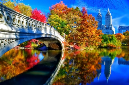 Autumn in Central Park - trees, branches, water, Fall, city, buildings, Skyscrapers, central park, river, reflextion, autumn, new york, bridge