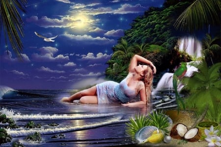 Beauty in the Moonlight - nice, woman, moon, lake, girl, night, fantasy, waves, art, pretty, blue, beautiful, digital