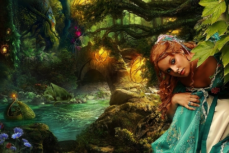 Hide and Seek - pretty, beautiful, girl, forest, fantasy, hide and seek, nature, digital, woman, princess, art