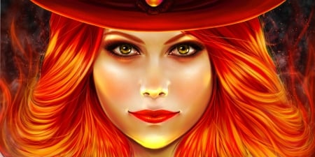 Redhead - woman, face, girl, hat, luminos, orange, fantasy