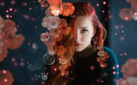 Redhead - woman, redhead, girl, orange, tony kokhan, model, flower