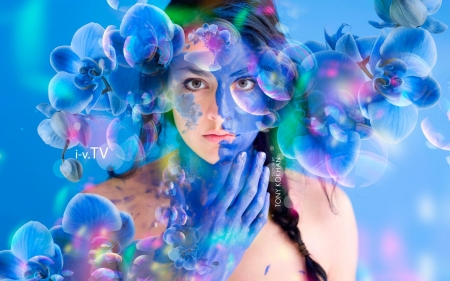 Feeling blue - blue, tony kokhan, girl, orchid, flower, creative, fantasy, woman, model