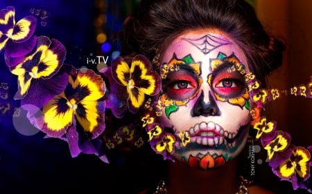 Dia de los muertos - tony kokhan, girl, flower, creative, skull, fantasy, woman, model, halloween, pansy, face