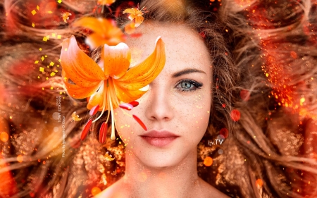 Beauty - face, flower, lilly, model, tony kokhan, girl, creative, fantasy, orange, woman