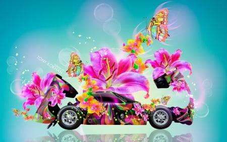 Car and flowers - creative, flower, fantasy, pink, car, tony kokhan, blue