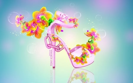 Dreamy shoe - fantasy, shoe, tony kokhan, orchid, orange, flower, creative, pink