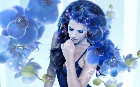 Feeling blue - flower, model, tony kokhan, girl, blue, creative, fantasy, orchid, woman