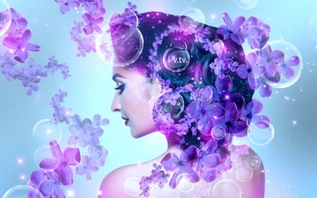 Purple beauty - flower, purple, pink, beauty, model, tony kokhan, girl, lilac, creative, fantasy, woman