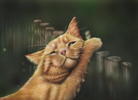 Cat - ginger, fence, orange, cat, pictura, pisica, animal, painting, art