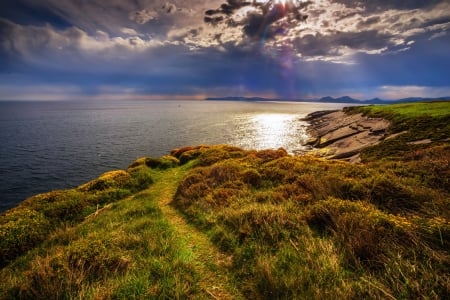 Autumn coast - clouds, water, coast, beautiful, grass, reflection, autumn, dea, sky