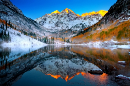 Sunset mountain rocks - hills, landscape, snow, tranquil, forest, reflection, mountain, view, cliffs, lake, trees, winter, beautiful, snowy, fall, sunset, autumn, serenity, rocks