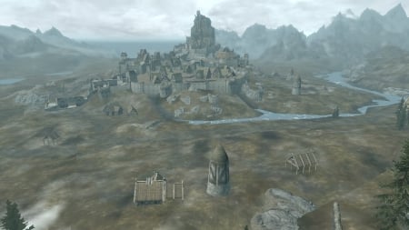 Skyrim Impression III - A view on Whiterun - computer game, farm, screenshot, video game, whiterun, fantasy, game, skyrim, console game, river, castle, console, elder scrolls, tamriel, the elder scrolls v, city wall, the elder scrolls, city, dragonsreach, fantasy game