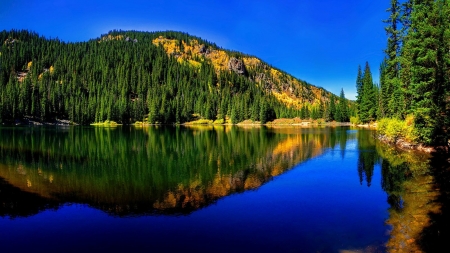 Blue Lake - sky, lake, forest, mountains, reflection, landscape, trees, nature