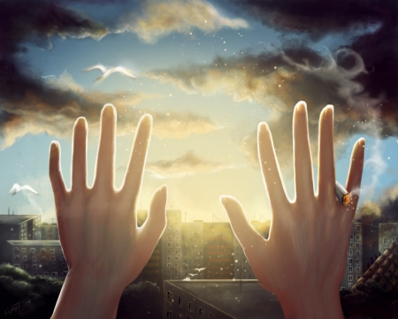 Sunrise - abstract, sunrise, hands, sky