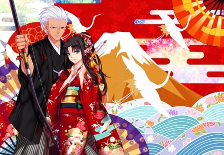 Rin & Archer - anime, archer, visuel, romance, kimono, love, rin, novel, manga, japan, katana, couple, fate, japanese