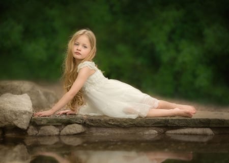 little girl - princess, people, hair, belle, sightly, white, face, childhood, fair, rock, little, bonny, lake, lying, adorable, set, wallpaper, child, nature, beautiful, pink, sweet, feet, nice, beauty, photography, water, pretty, baby, green, tree, cute, kid, girl, dainty, lovely, pure, comely, desktopnexus, blonde