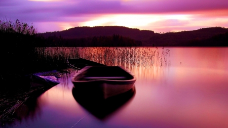 Boat at Sundown - calm, quiet, boat, reflection, river, sunset, nature, purple, tranquility, serenity, lake